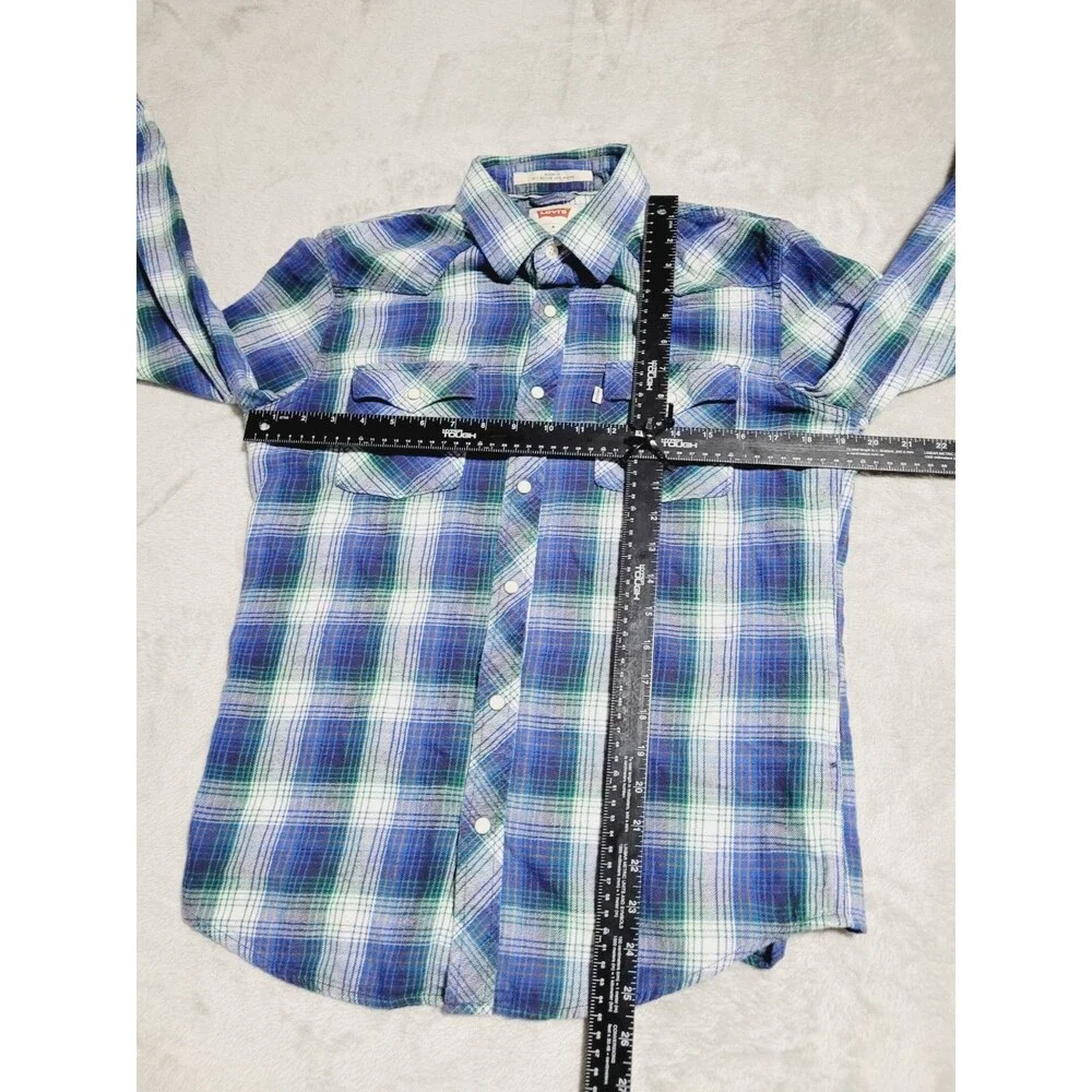 Levi's Western Pearl Snap Shirt Mens Medium Plaid Blue/Green Flannel Button Up
